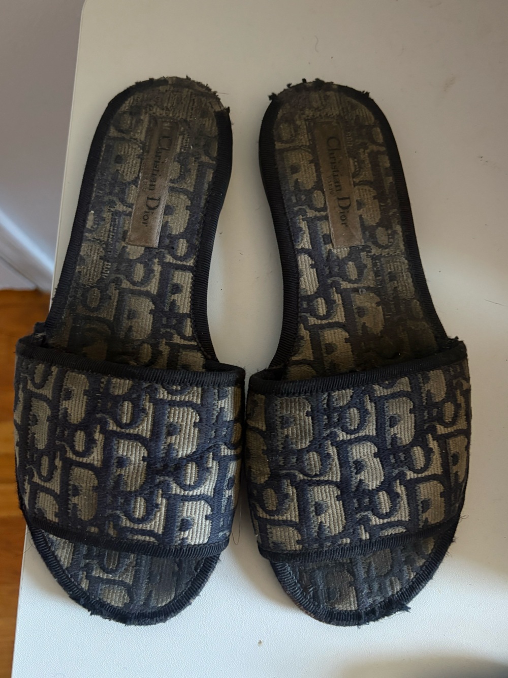 DIOR Slip-On Monogram Slippers in Navy and Tan
